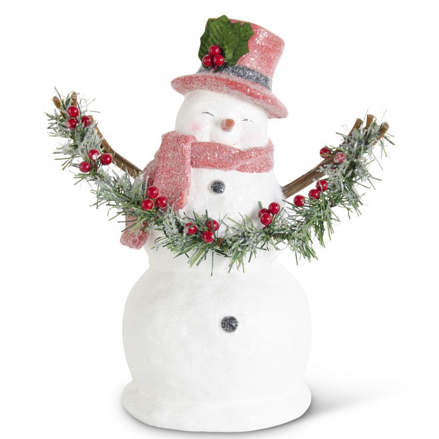 Design Shop 13.75 Inch Sugar Glittered Snowman Holding Garland w/Red Top Hat