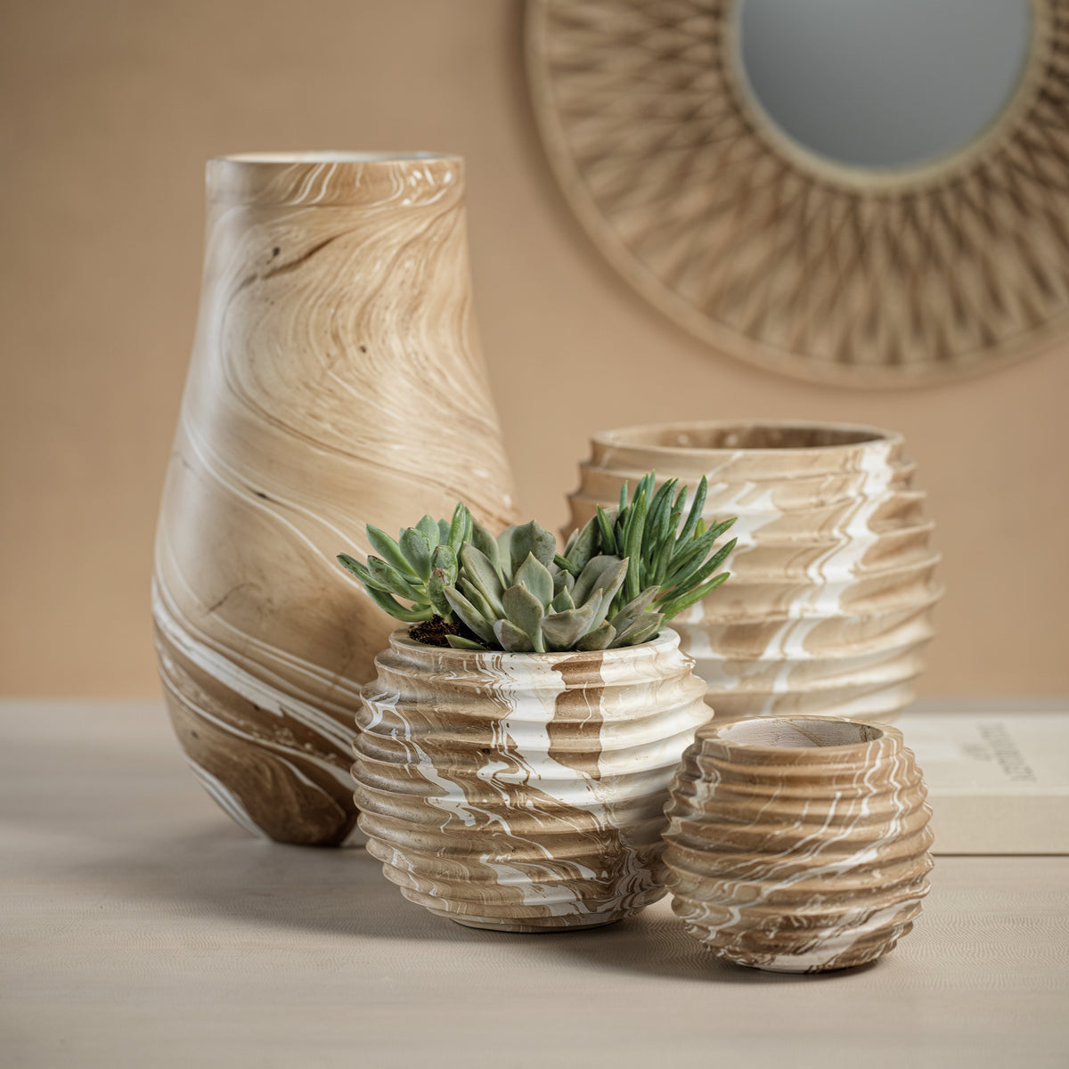 Zodax Bellshill Mango Wood Marbleized Cocoon Pot, 7.75" x 6"