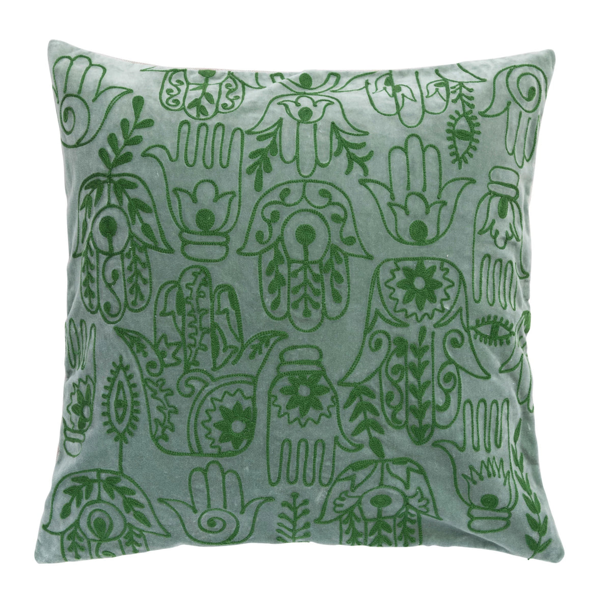 Design Shop Cotton Velvet Embroidered Pillow w/ Hamsa Hand Pattern & Chambray Back, Polyester Fill