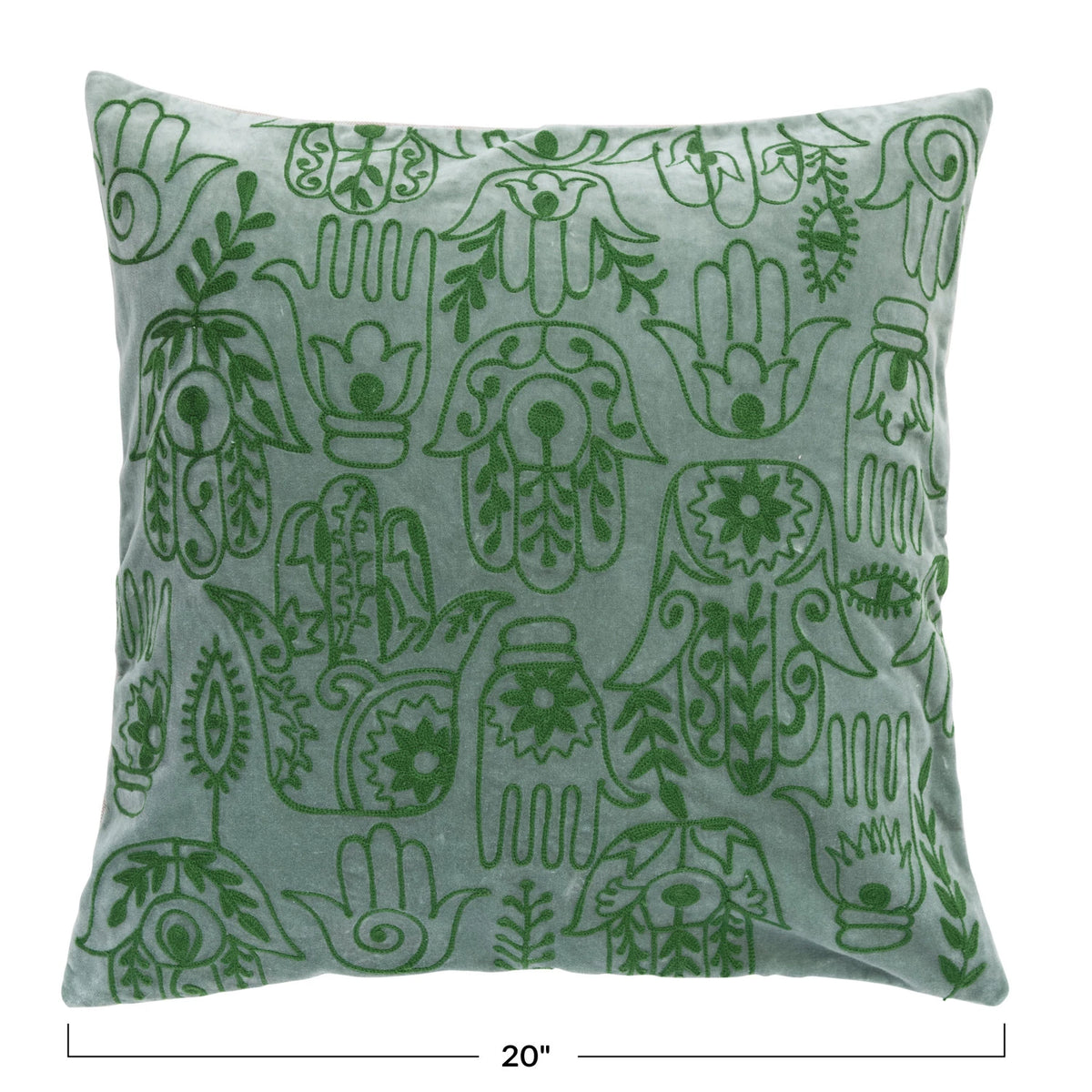 Design Shop Cotton Velvet Embroidered Pillow w/ Hamsa Hand Pattern & Chambray Back, Polyester Fill