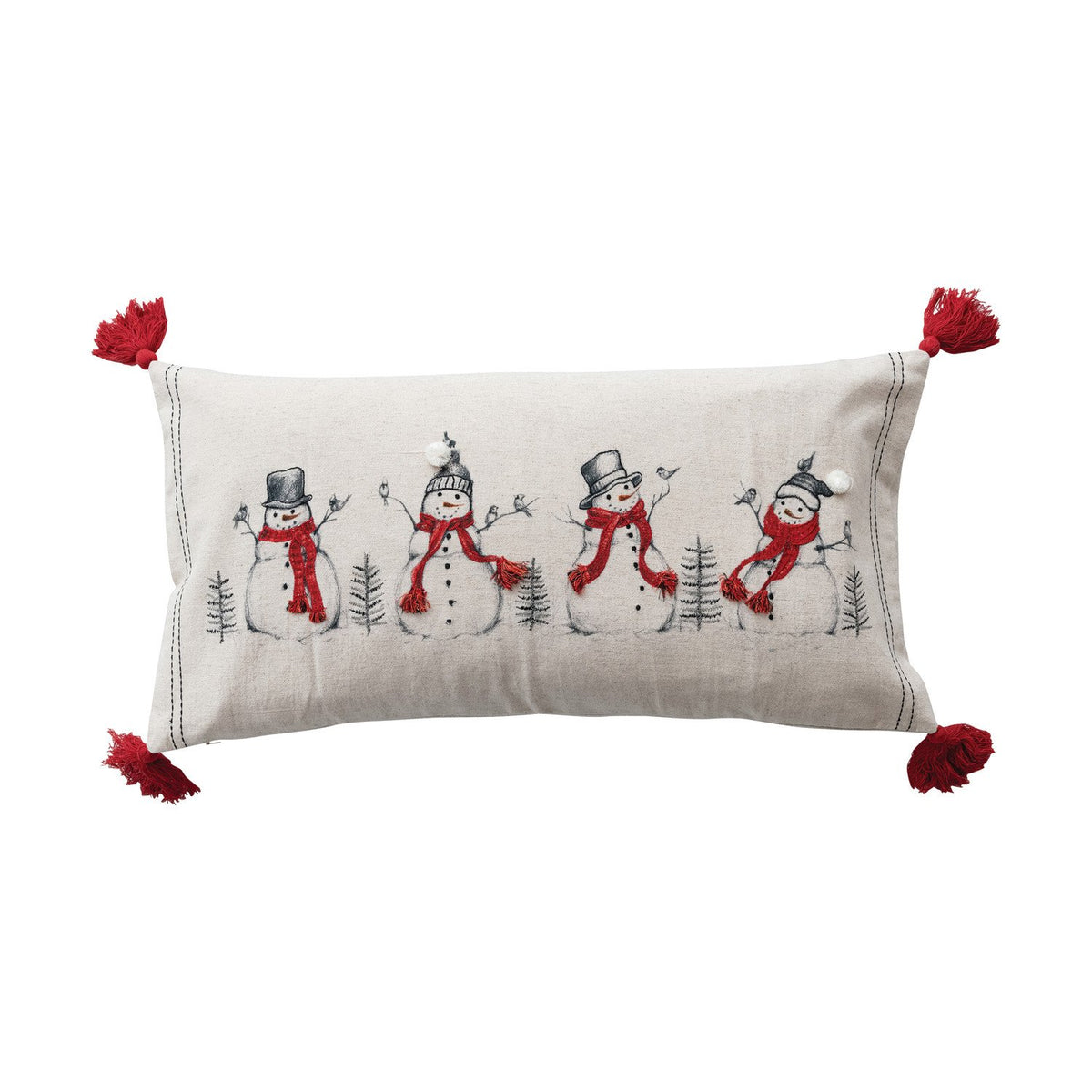 Design Shop Lumbar Pillow with Embroidered Snowmen & Birds Image