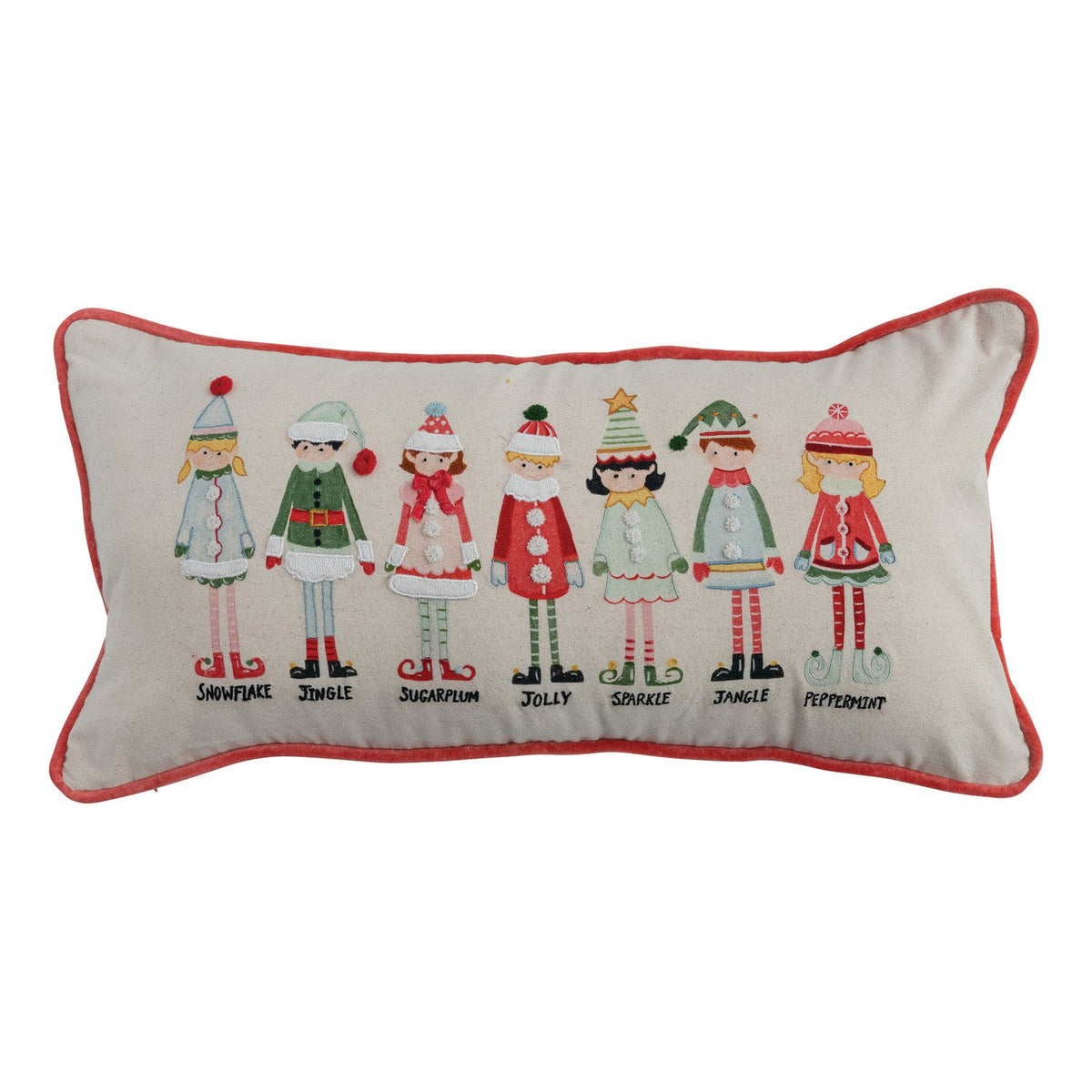 Design Shop Lumbar Pillow with Elves, Embroidery, Piping, Pom Poms & Velvet Back