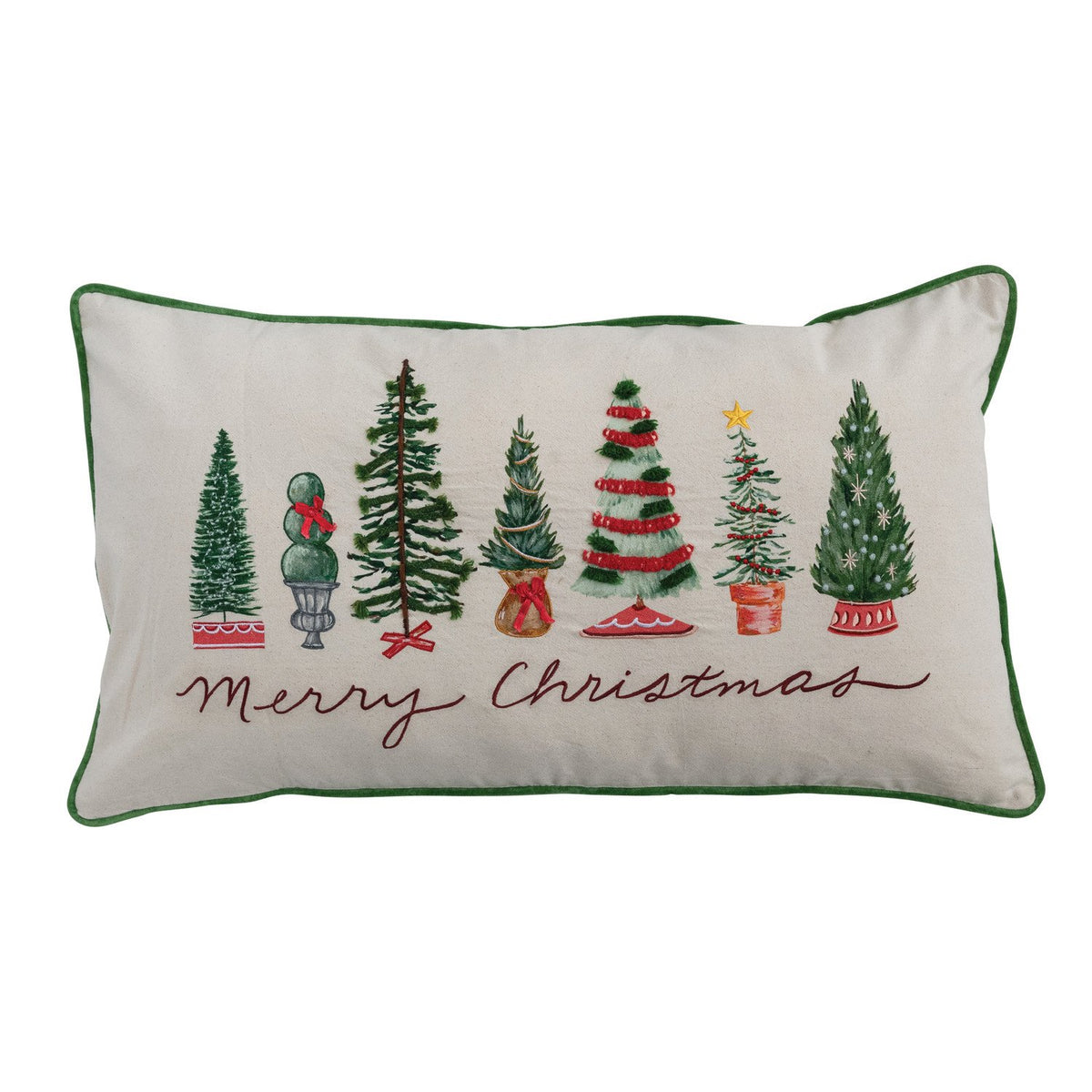 Design Shop Lumbar Pillow with Piping, Embroidery & Trees "Merry Christmas"