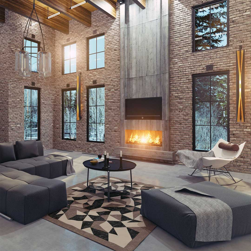 Room with fireplace, brick walls and gray sofas