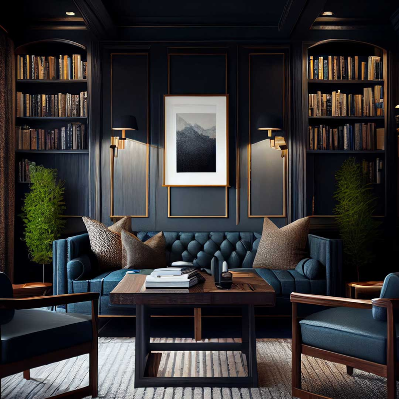 House library with wall art and sconces, soft lighting, leather sofas 