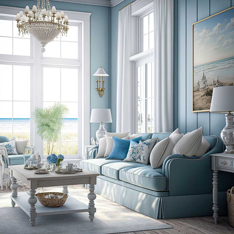 Coastal beach style light blue home interior