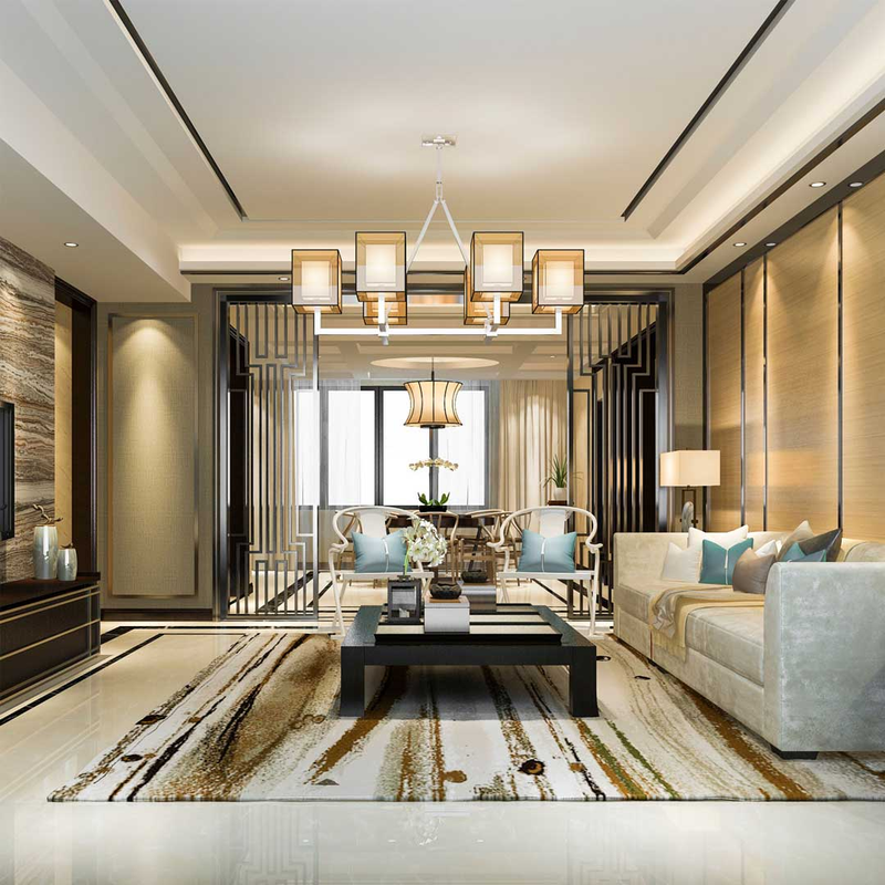 Gold crystal chandelier in elegant high end living room