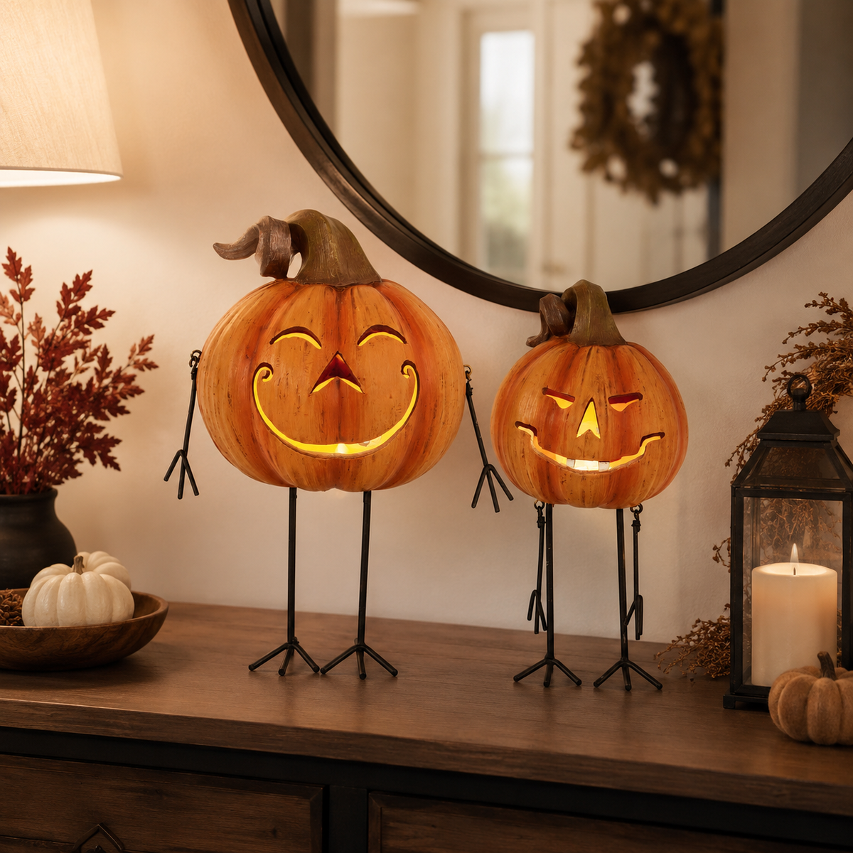 Design Shop Assorted 8 Inch LED Jack O Lantern Men with Metal Legs & Arms, Set of 2