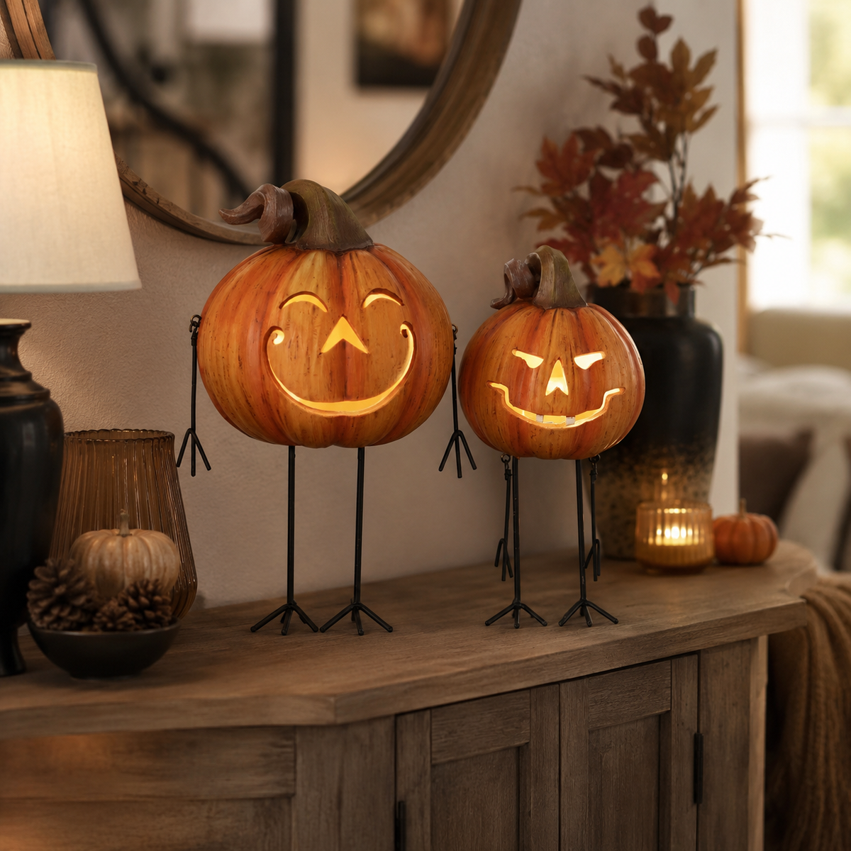 Design Shop Assorted 8 Inch LED Jack O Lantern Men with Metal Legs & Arms, Set of 2