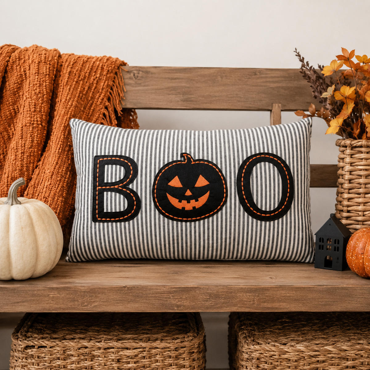 Design Shop Striped Jack-O-Lantern Lumbar Pillow with BOO Applique