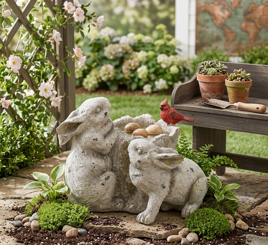 10.5" Gray Resin Rabbit Tree Stump Planter