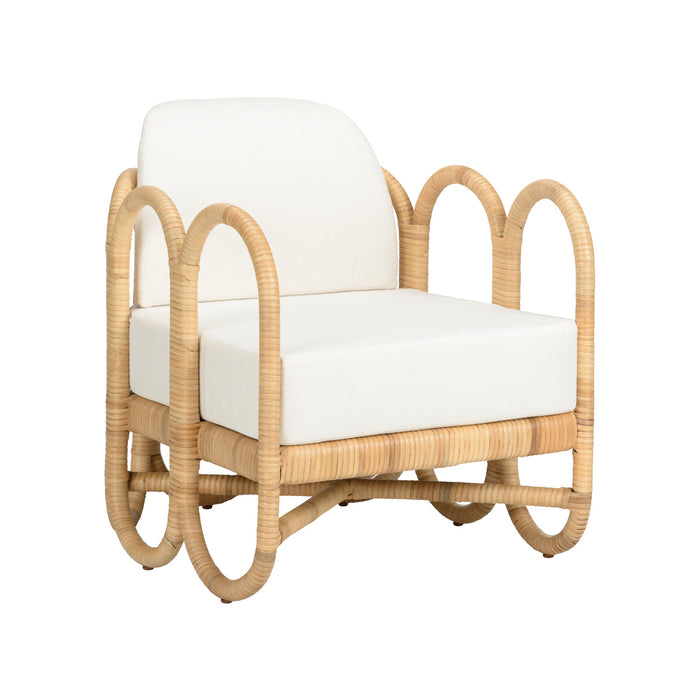 Wicker armchair with white cushion on a white background