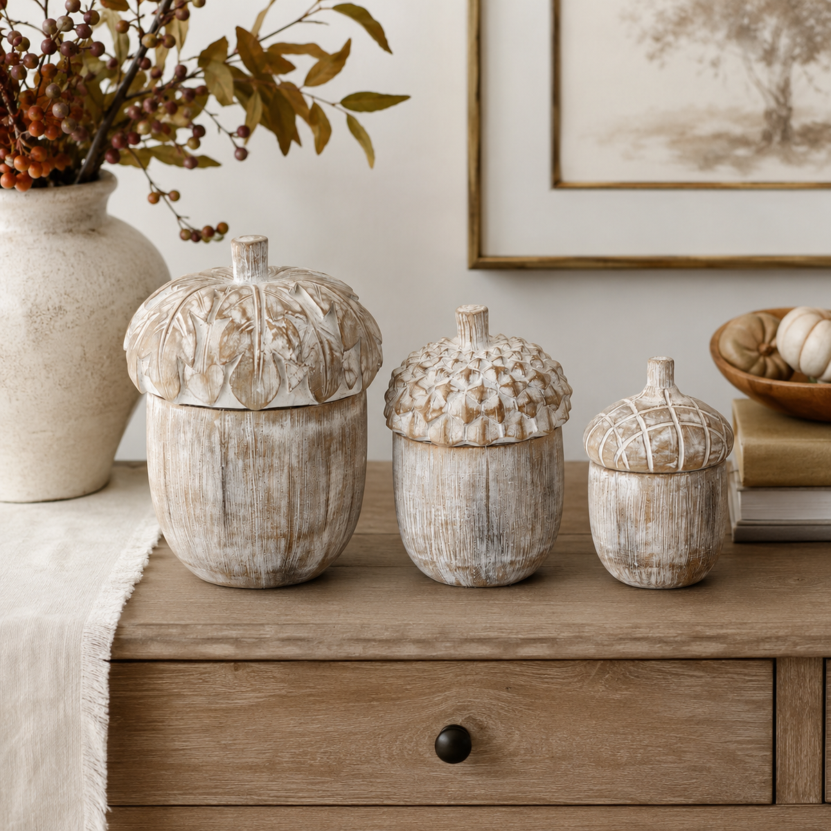 Design Shop Set of 3 Whitewashed Resin Acorn Lidded Containers