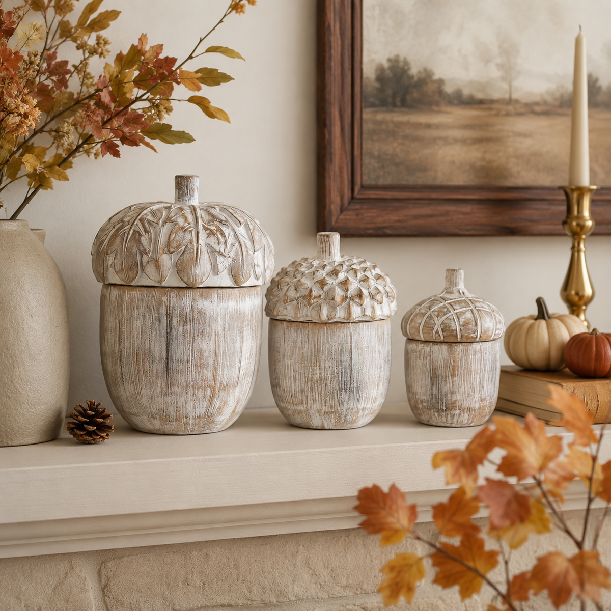 Design Shop Set of 3 Whitewashed Resin Acorn Lidded Containers