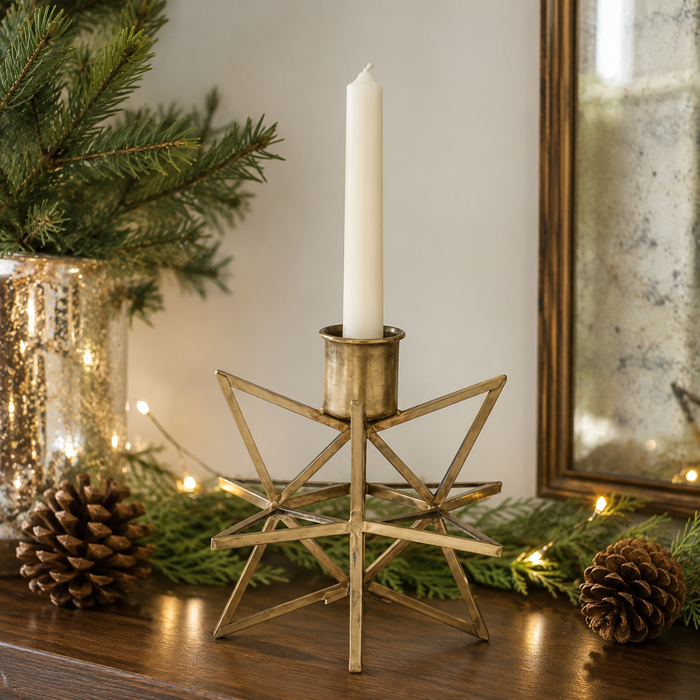 Design Shop 4.75 Inch 3-Dimensional Gold Metal & Glass Star Taper Candleholder