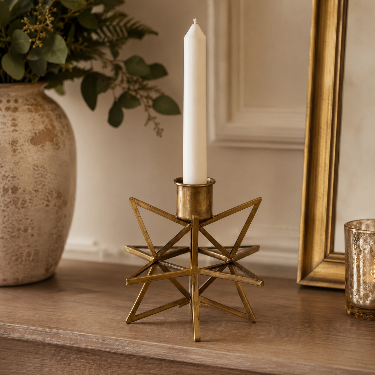 Design Shop 4.75 Inch 3-Dimensional Gold Metal & Glass Star Taper Candleholder