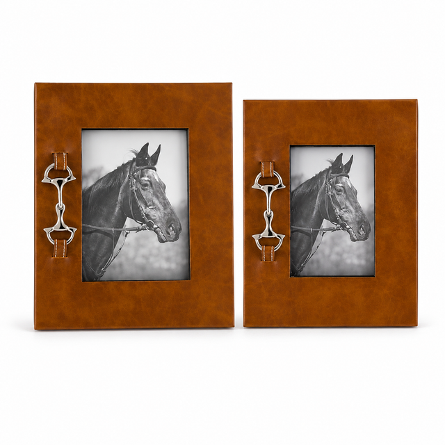 Design Shop Tan Leather Horse Bit Photo Frames, Set of 2