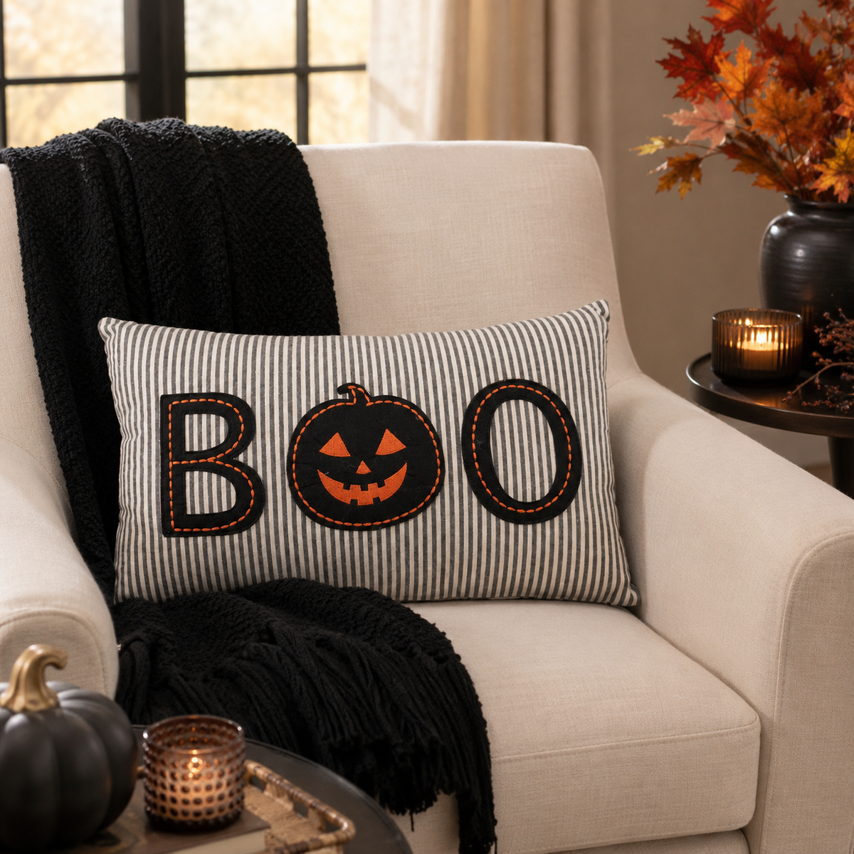Design Shop Striped Jack-O-Lantern Lumbar Pillow with BOO Applique