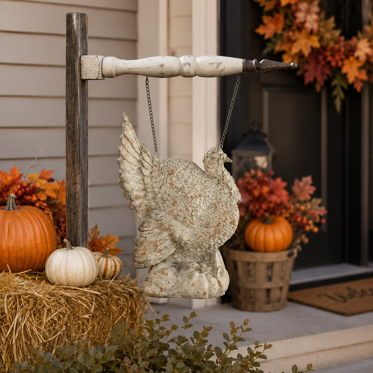 Design Shop 15.75 Inch Tan Distressed Resin Turkey on Pumpkins
