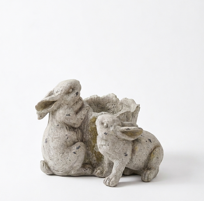 10.5" Gray Resin Rabbit Tree Stump Planter