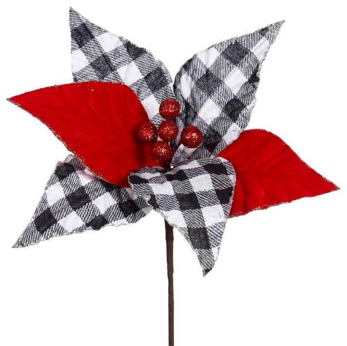 Mark Roberts 11 Inches Black & White Plaid Poinsettia Pick