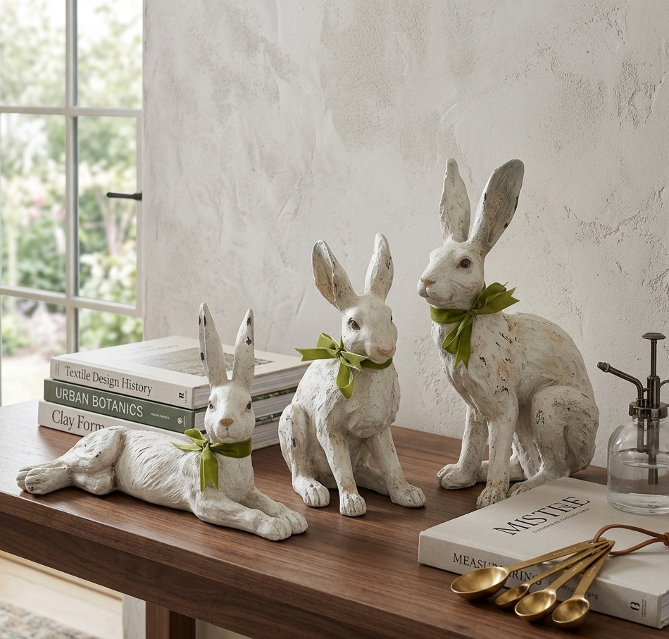 Set of 3 Garden Rabbits with Green Bows