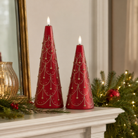 Design Shop Set of 2 Gold Trim Red Cone Tree LED Candles with Timers