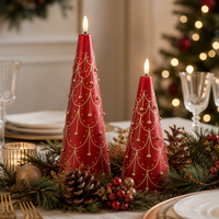 Design Shop Set of 2 Gold Trim Red Cone Tree LED Candles with Timers