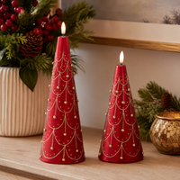 Design Shop Set of 2 Gold Trim Red Cone Tree LED Candles with Timers