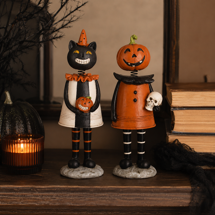 Design Shop Assorted Resin Black Cat & Pumpkin Girl Bobble Heads, Set of 2