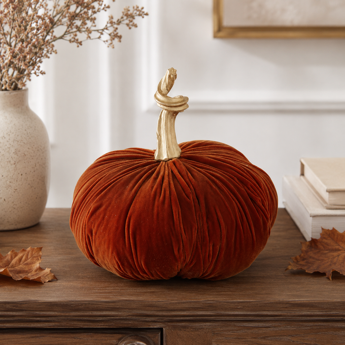 Design Shop 10 Inch Orange Velvet Stuffed Pumpkin with Twisted Gold Stem