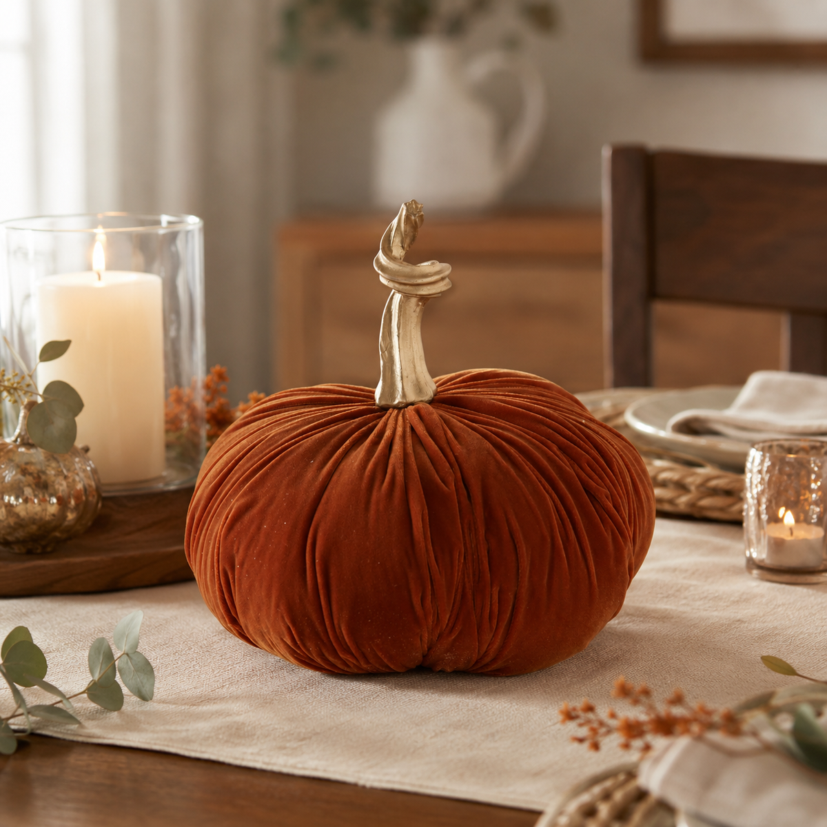 Design Shop 10 Inch Orange Velvet Stuffed Pumpkin with Twisted Gold Stem