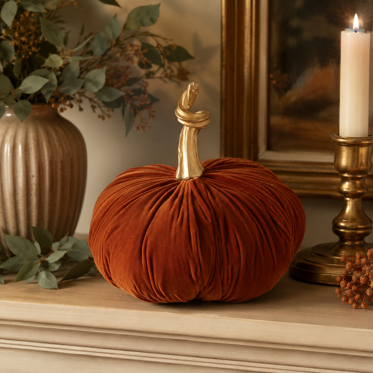 Design Shop 10 Inch Orange Velvet Stuffed Pumpkin with Twisted Gold Stem