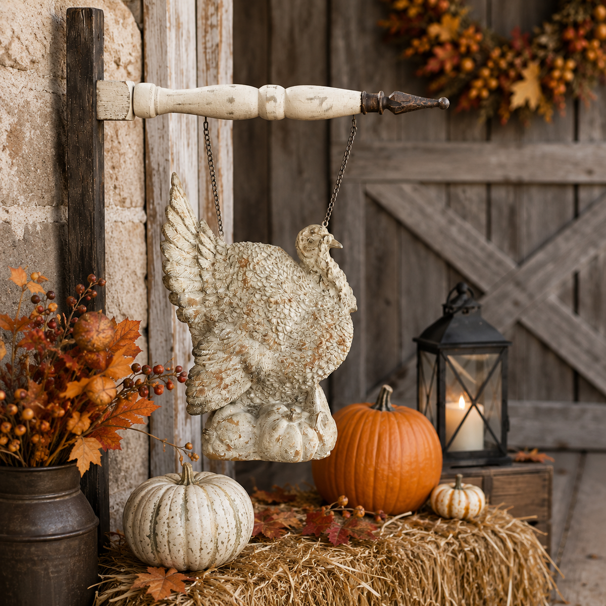 Design Shop 15.75 Inch Tan Distressed Resin Turkey on Pumpkins