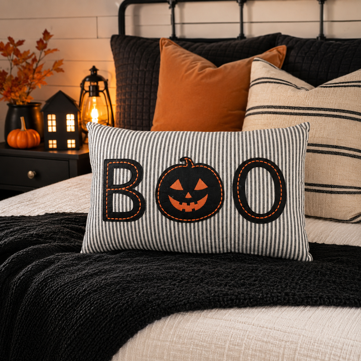 Design Shop Striped Jack-O-Lantern Lumbar Pillow with BOO Applique