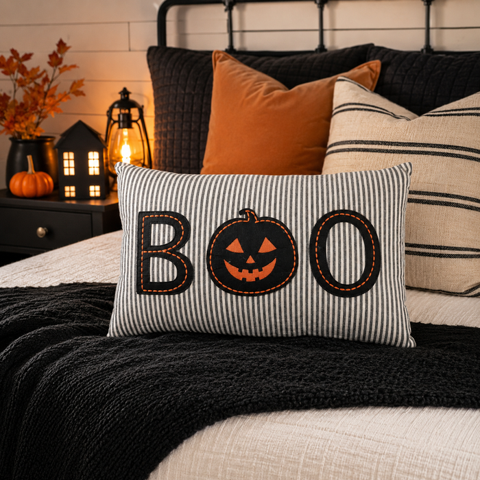Design Shop Striped Jack-O-Lantern Lumbar Pillow with BOO Applique