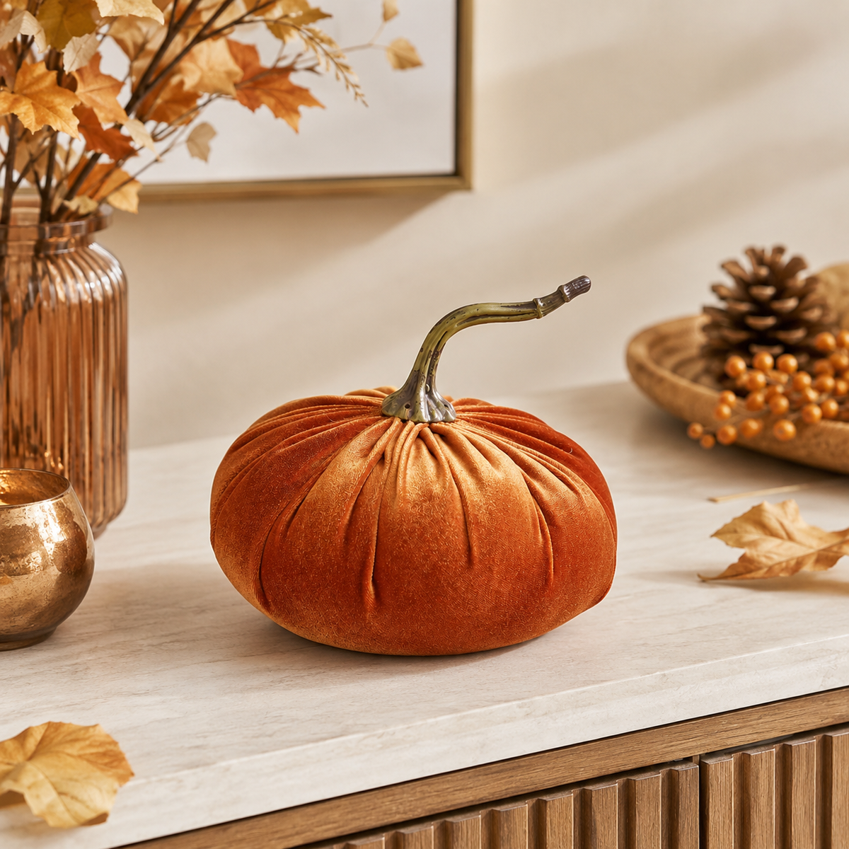 Design Shop 6.75 Inch Orange Velvet Stuffed Pumpkin