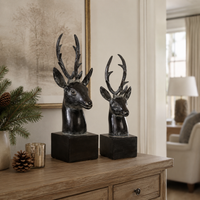Design Shop Dark-Finished Deer Head Sculptures on Square Bases, Set of 2