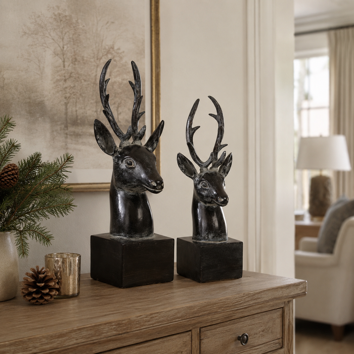 Design Shop Dark-Finished Deer Head Sculptures on Square Bases, Set of 2