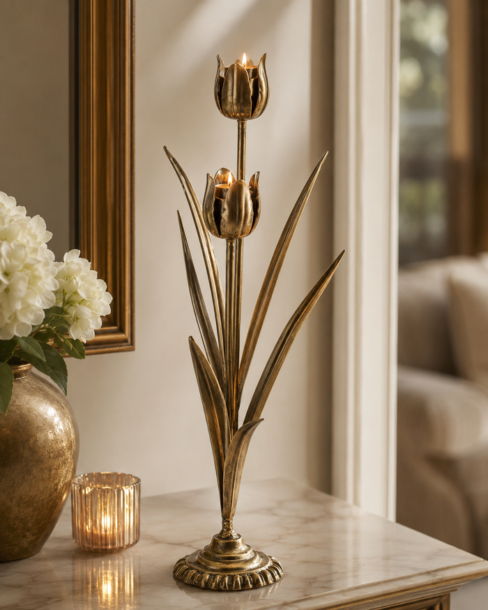 Design Shop Gold Metal Floral Candle Holder, 16.14"