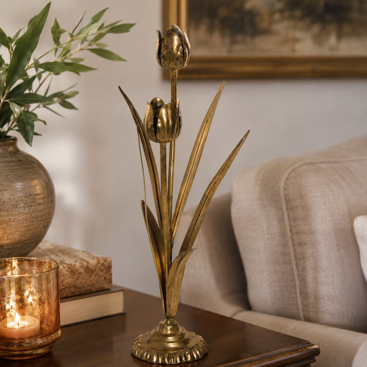 Design Shop Gold Metal Floral Candle Holder, 16.14"