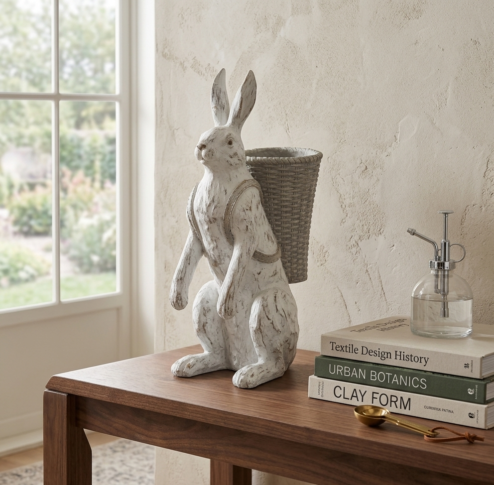 22.5" Whitewashed Resin Bunny with Open Basket