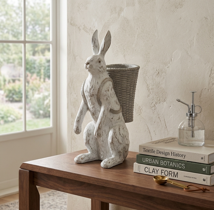 22.5" Whitewashed Resin Bunny with Open Basket