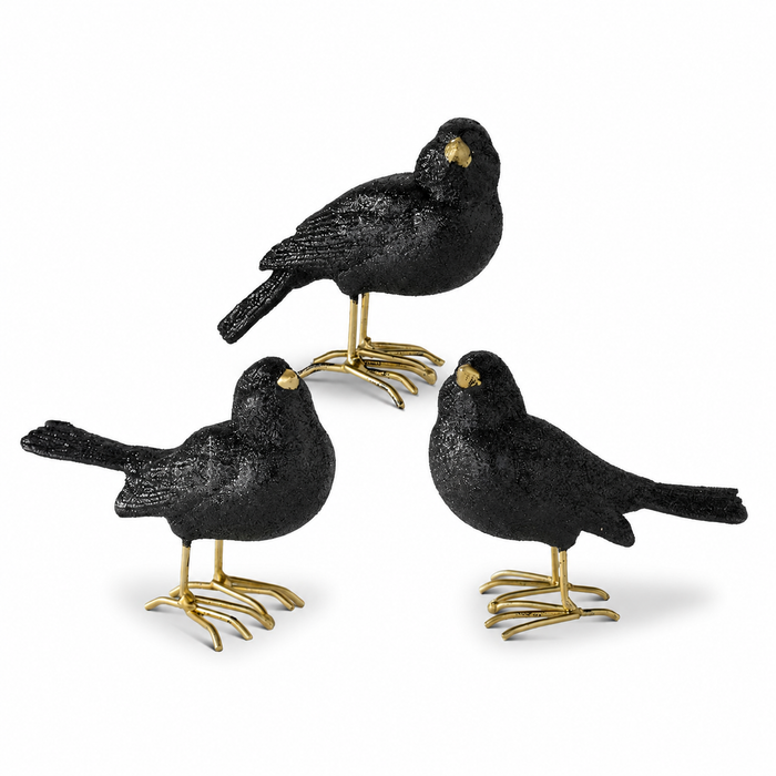 Design Shop Assorted 3.25 Inch Glittered Black Resin Birds with Gold Feet 3 Styles
