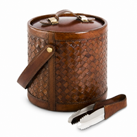 Design Shop Tan Leather Basket Weave Ice Bucket with Tongs 9"