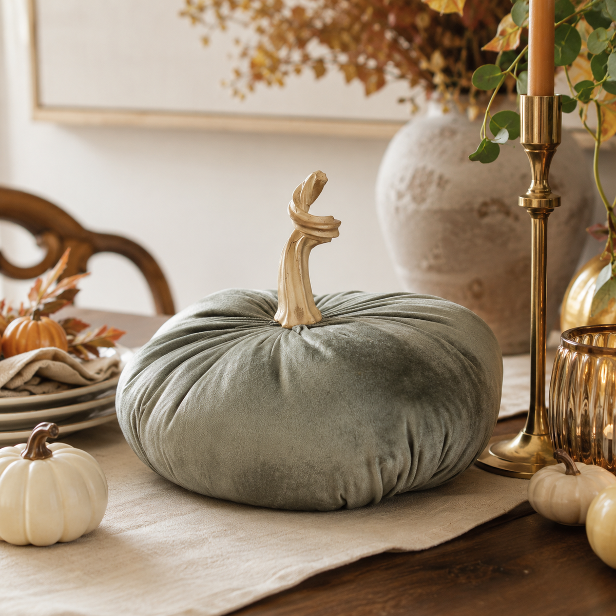 Design Shop 11 Inch Green Velvet Stuffed Pumpkin with Twisted Gold Stem