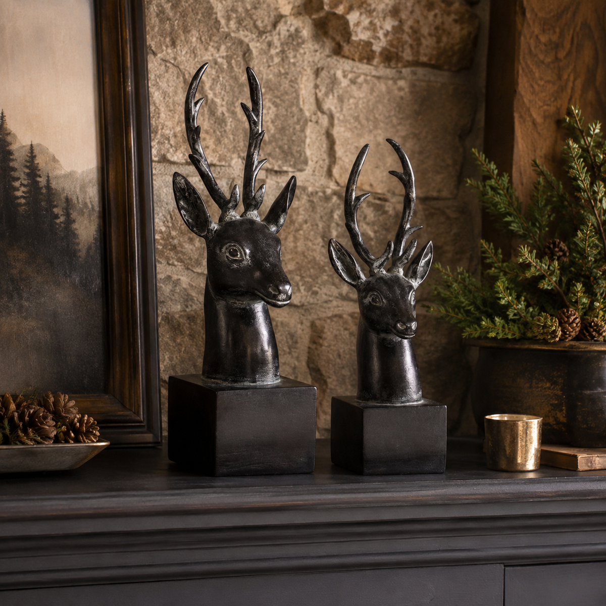 Design Shop Dark-Finished Deer Head Sculptures on Square Bases, Set of 2