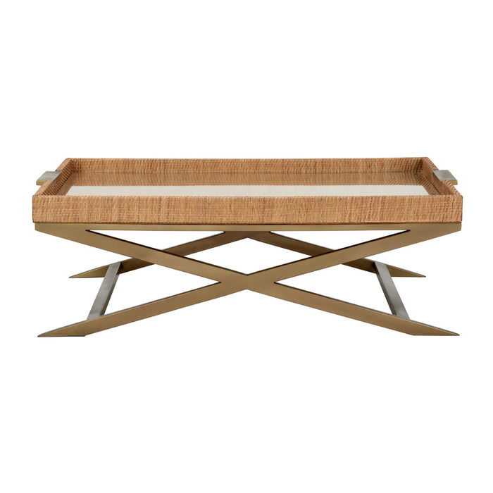 Wicker tray table with metal legs on a white background