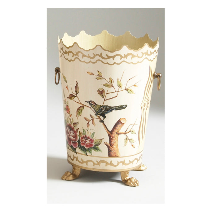 Decorative vase with floral and bird design on a white background