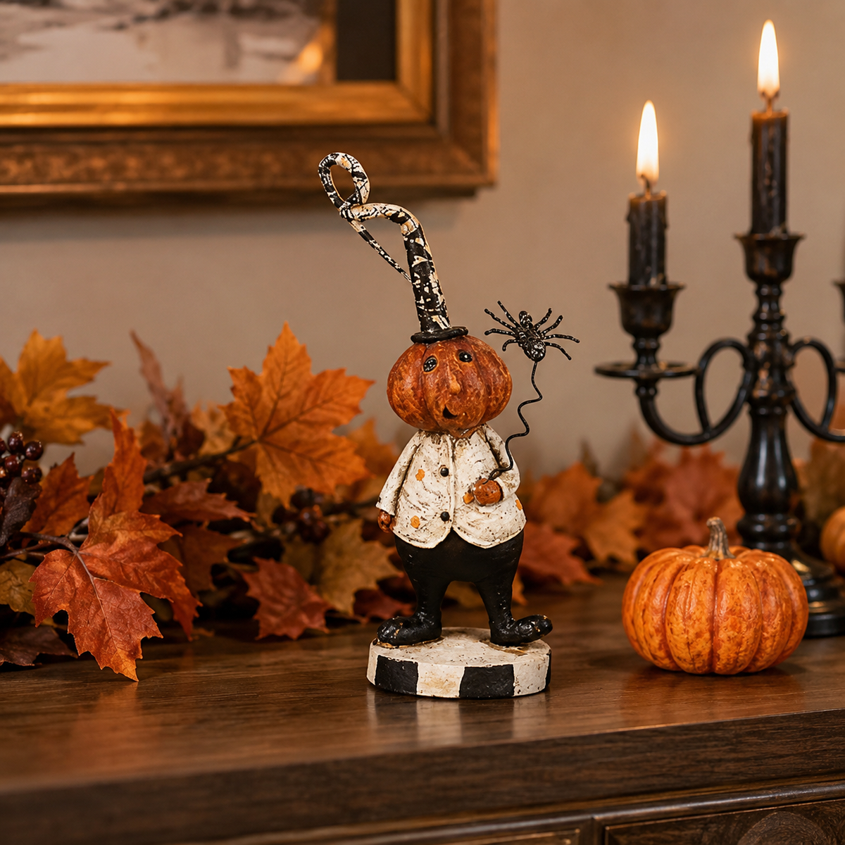Design Shop 6 Inch Resin Pumpkin Man Holding Black Spider